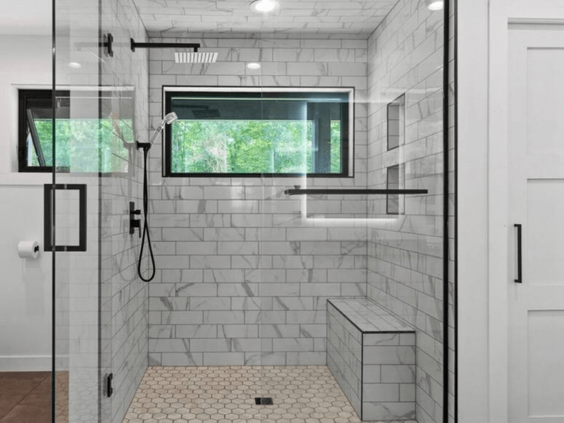 Custom tile shower 4’6” x 5’6” with 9’ walls